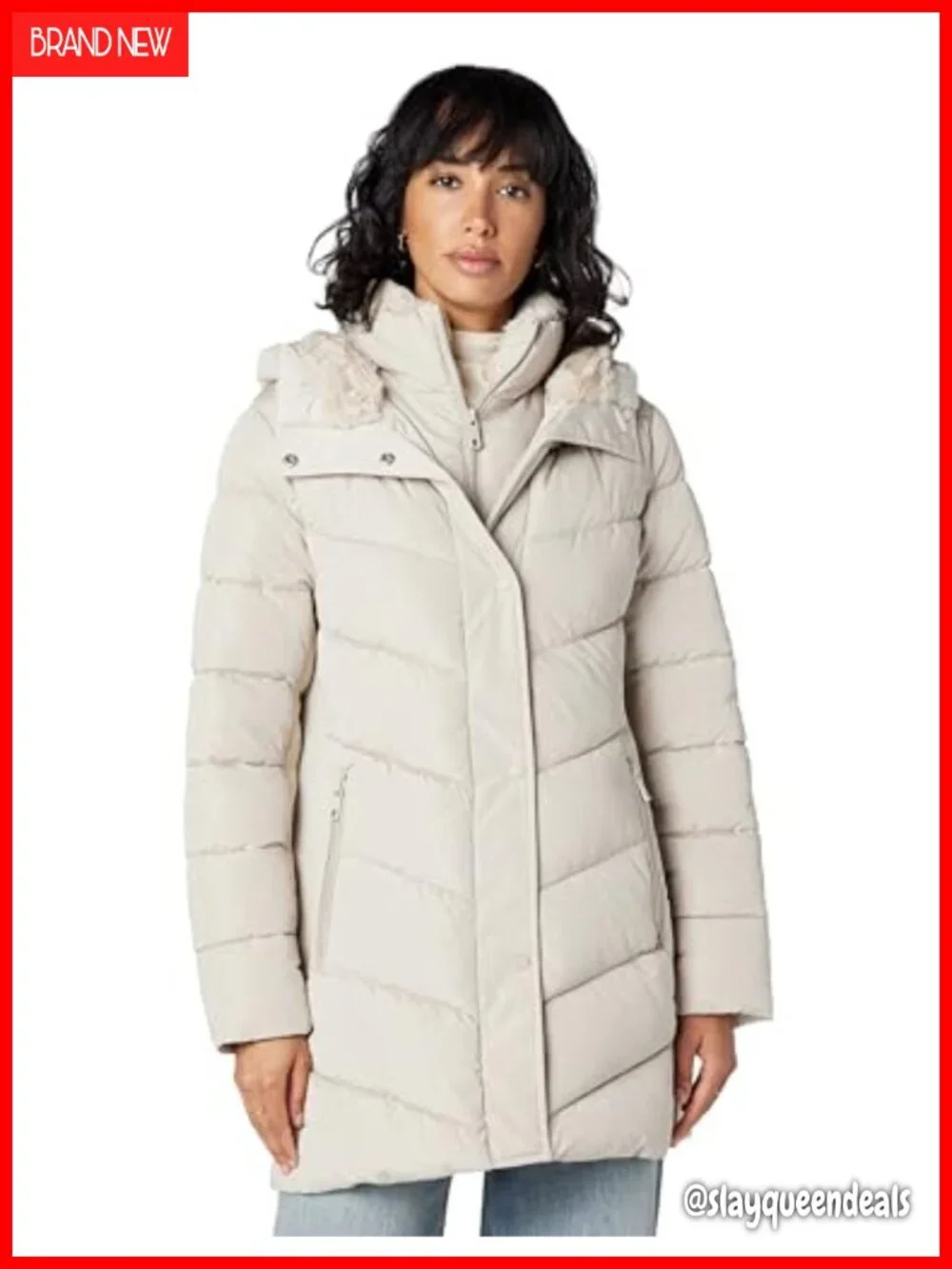 Long Quilted Jacket With Faux Sherpa Lined Hood and Inset Bib
